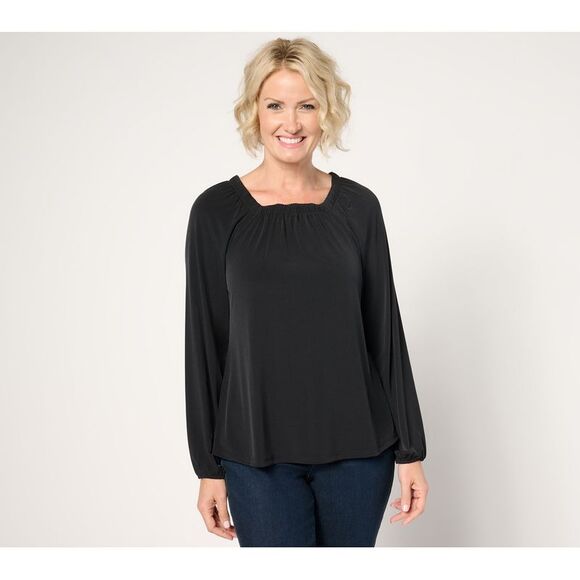Denim & Co. Women's Top Plus Sz 3X Signature Pleated Square Neck Black A673269 - Picture 1 of 4